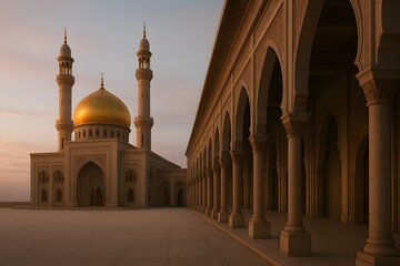 Majestic Mosque with Golden Dome and Tall Minarets at Sunset in Middle Eastern Style