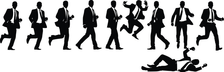 Businessperson silhouette icon set showing running, walking, jumping, and falling poses for motion, action, and career design projects