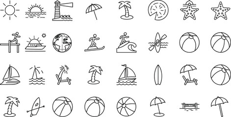 Beach and summer activity icon set featuring surfing, kayaking, sunsets, palm trees, lighthouses, and vacation symbols for travel design projects