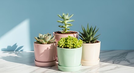 Obraz premium Pastel Succulents in Ceramic Pots on Marble