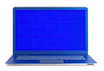 A blue laptop computer with a solid blue screen