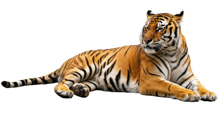 Obraz premium Majestic tiger lounging in a serene jungle setting showcasing its vibrant fur and calm demeanor isolated on white background