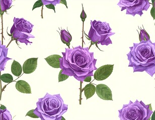Fototapeta premium Seamless pattern of purple roses and buds on a white background