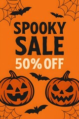 Spooky Halloween Sale Poster with Jack O Lanterns and Bats in Orange Background