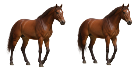 Two majestic brown horses standing gracefully in a lush green pasture under a clear sky isolated on white background