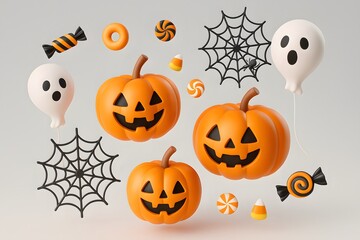 Halloween Pumpkins with Jack-o'-lantern Faces Halloween Decorations Spooky Ghost Balloons Spider Webs and Candy