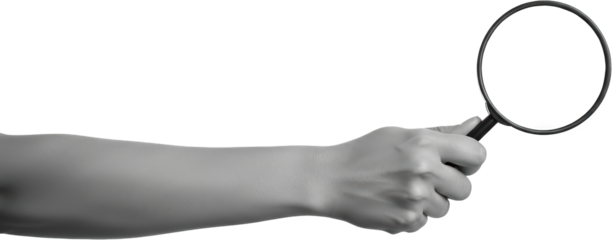 Close up of a hand holding a magnifying glass focused on investigation and discovery collage art Search transparent background