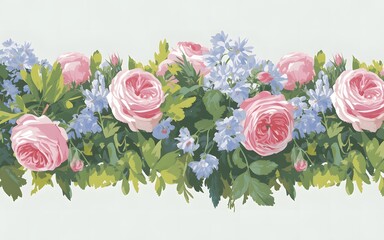 Vintage floral border with pink roses and blue flowers