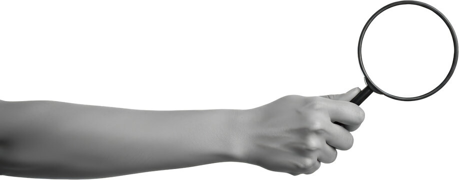 Close up of a hand holding a magnifying glass focused on investigation and discovery collage art Search transparent background