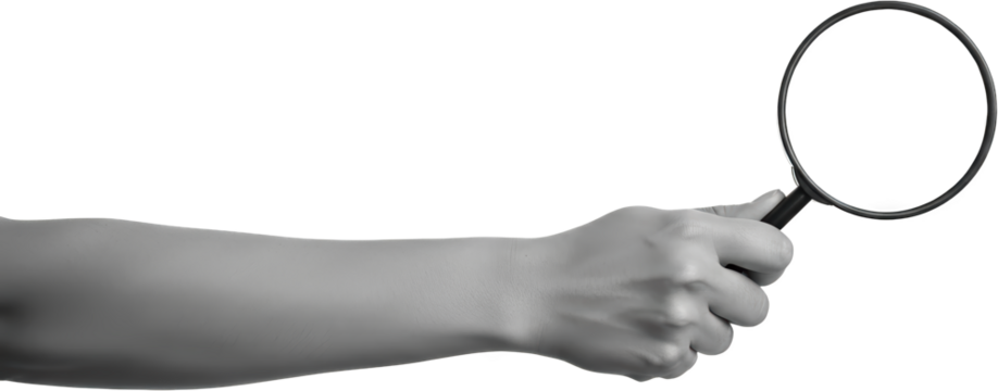 Close up of a hand holding a magnifying glass focused on investigation and discovery collage art Search transparent background