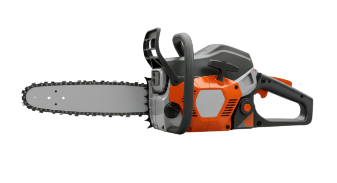 High-quality chainsaw isolated on white background showcasing its design and features