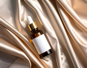 Naklejka premium Elegant amber glass dropper bottle with a blank label for a cosmetic serum resting on luxurious, flowing champagne-colored silk fabric