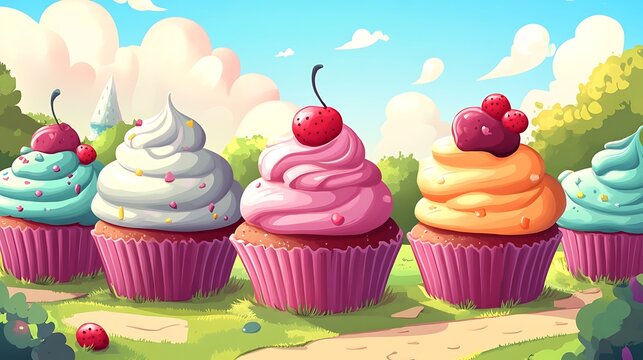 Colorful cupcakes displayed against pastel background
