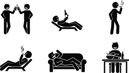 Lifestyle icon set showing people drinking, smoking, relaxing, and socializing in various poses for design, branding, and illustration use