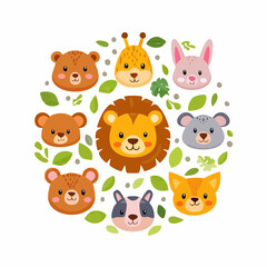 Fototapeta premium Cartoon animals faces arranged in a circular pattern surrounded by leaves.