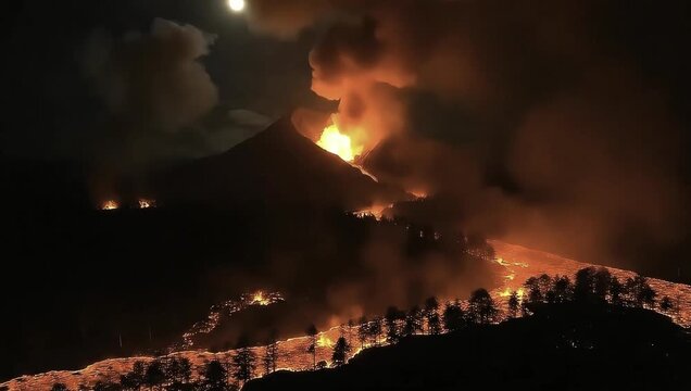 Epic 4K Volcanic Eruption at Dawn, with Glowing Lava Fountains and Rising Ash Clouds.