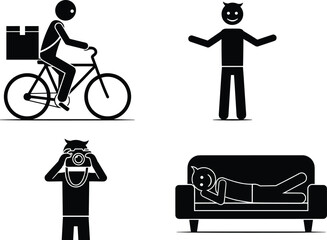 Minimal stick figure icon set showing cycling, standing, photographing, and resting poses for lifestyle, activity, and design projects