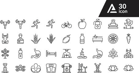 Set of 30 health and wellness icons for fitness, nutrition, mindfulness, and medical design projects