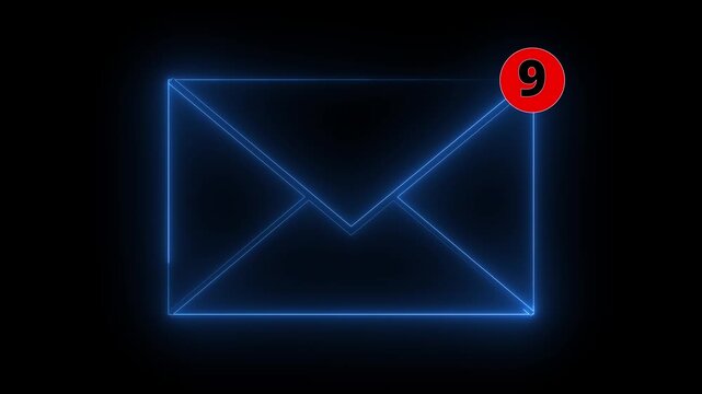 Glowing neon mail box icon animation video notice receive massage animated sign symbol. Message mail box, 4k. Pulsing Neon Blue mail Box Animation: Glowing Mail Inbox Icon on black background. 
