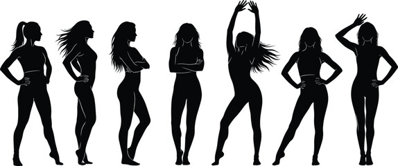 Standing human silhouette icon set featuring diverse poses, hairstyles, and clothing styles for lifestyle, fashion, and design projects