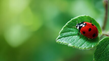 Fototapeta premium Ladybug on Green Leaf Close-Up