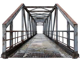 A rusty metal bridge with a concrete floor and metal railings, leading to a bright transparent background