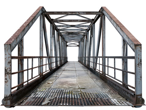 A rusty metal bridge with a concrete floor and metal railings, leading to a bright transparent background - Powered by Adobe