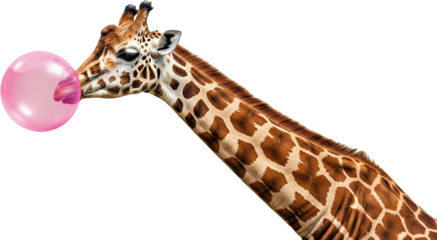 Giraffe head blowing a large pink bubblegum bubble playful animal isolated collage art Wildlife Africa transparent background