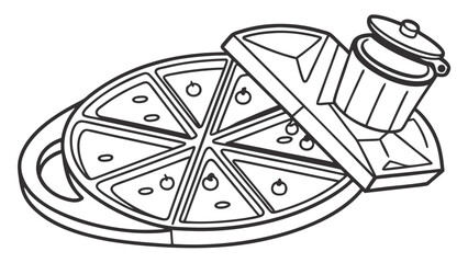 Line Art Illustration of Sliced Pizza on a Round Serving Board with Sauce Pot