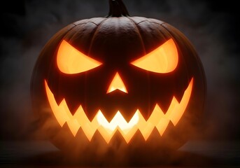 Fototapeta premium Spooky Glowing Jack O'Lantern Halloween Pumpkin Carving with Eerie Light and Dark Background for Festive Decorations