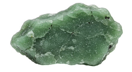 Close-up of a natural green gemstone with textured surface and mineral inclusions isolated on white background