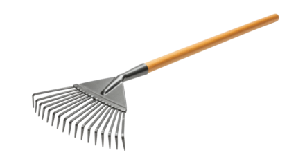 Metal garden rake with wooden handle resting on a clean white background isolated on white background