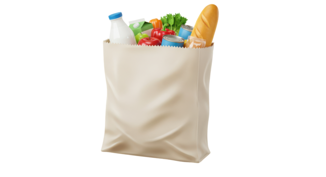 A reusable grocery bag filled with fresh produce dairy and bakery items in a kitchen setting isolated on white background