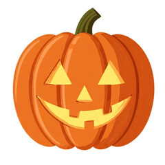 Ilustrasi vektor Halloween, labu oranye dengan wajah seram bercahaya, latar belakang putih minimalis, gaya ikon datar