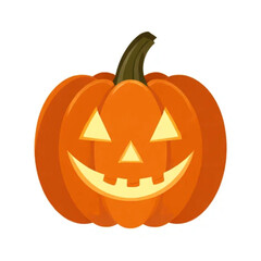 Ilustrasi vektor Halloween, labu oranye dengan wajah seram bercahaya, latar belakang putih minimalis, gaya ikon datar
