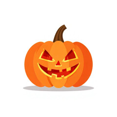 Ilustrasi vektor Halloween, labu oranye dengan wajah seram bercahaya, latar belakang putih minimalis, gaya ikon datar