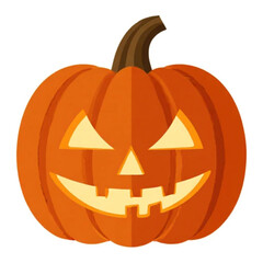 Ilustrasi vektor Halloween, labu oranye dengan wajah seram bercahaya, latar belakang putih minimalis, gaya ikon datar