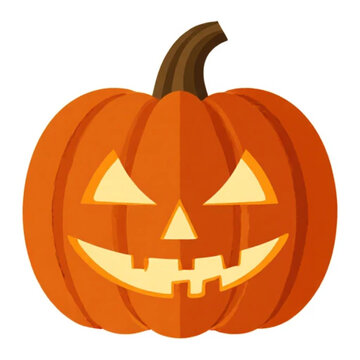 Ilustrasi vektor Halloween, labu oranye dengan wajah seram bercahaya, latar belakang putih minimalis, gaya ikon datar