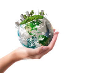 A hand holding a globe with a green planet and buildings on top.
