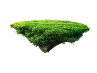A green grassy island with a rocky outcrop in the center, surrounded by lush greenery and a clear sky.