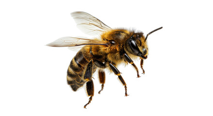 Close-up of a honeybee in flight showcasing detailed anatomy against a transparent background