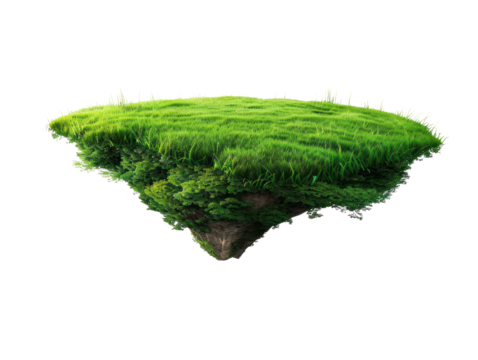 A green grassy island with a rocky outcrop in the center, surrounded by lush greenery and a clear sky.