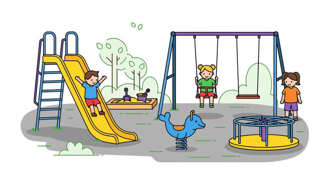 kids playing playground, yellow slide, swings clip art preview