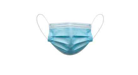 Close-up of a blue surgical mask isolated on white background symbolizing health and safety