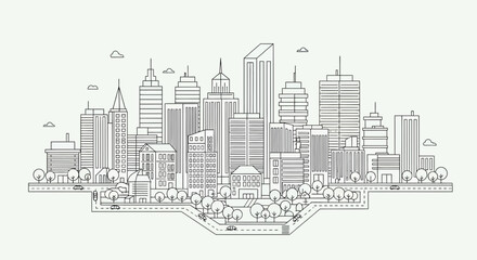 Fototapeta premium Modern City Skyline Line Art Vector Illustration with Urban Park and Skyscrapers