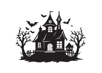 Haunted House Silhouette with Flying Bats Spooky Halloween Night Vector.