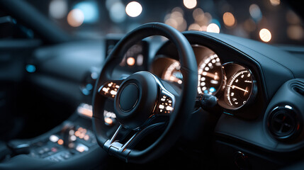 Interior car view showcases a steering wheel with bokeh lights in the background creating ambience