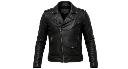 Stylish black leather motorcycle jacket displayed isolated on white background on a mannequin