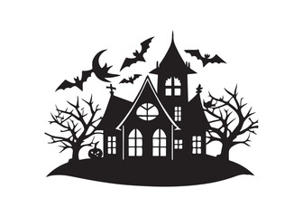 Haunted House Silhouette with Flying Bats Spooky Halloween Night Vector.