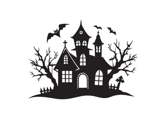 Spooky Haunted House with Bats Silhouette Vector Halloween Illustration.